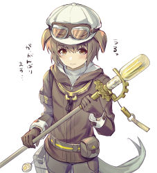 Rule 34 | 1boy, animal ears, arknights, blush, brown eyes, brown hair, cowboy shot, dog ears, dog tail, gloves, goggles, goggles on headwear, greyy (arknights), holding, hood, hood down, jacket, looking at viewer, male focus, simple background, solo, standing, tail, tears, translation request, white background, yoruhachi, zipper pull tab