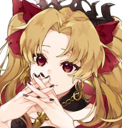 Rule 34 | 1girl, black nails, blonde hair, collarbone, commentary request, earrings, ereshkigal (fate), fate/grand order, fate (series), hair ribbon, highres, jewelry, kamo860, long hair, looking at viewer, nail polish, parted bangs, portrait, red eyes, red ribbon, ribbon, solo, two side up