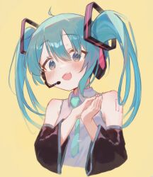 1girl :d aqua_hair aqua_necktie bare_shoulders black_sleeves blush collared_shirt cropped_torso detached_sleeves dkyung004 grey_eyes grey_shirt hair_between_eyes hands_up hatsune_miku headset long_sleeves looking_at_viewer medium_hair necktie open_mouth own_hands_together palms_together shirt shoulder_tattoo simple_background sleeveless sleeveless_shirt smile solo tattoo tie_clip twintails vocaloid yellow_background