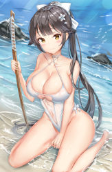 Rule 34 | 1girl, azur lane, bare arms, bare shoulders, beach, black hair, bow, breasts, caustics, choker, cleavage, collarbone, criss-cross halter, flower, frown, groin, hair bow, hair flower, hair ornament, hairclip, halterneck, highleg, highleg swimsuit, highres, holding, kitin, large breasts, long hair, looking at viewer, navel, one-piece swimsuit, photoshop (medium), ponytail, revision, see-through, sitting, solo, swimsuit, sword, takao (azur lane), takao (beach rhapsody) (azur lane), thighs, very long hair, water, weapon, wet, white one-piece swimsuit, wooden sword, yellow eyes