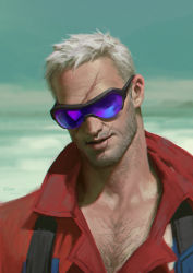 Rule 34 | 1boy, bara, beard, blurry, blurry background, c home, chest hair, facial hair, highres, male focus, mature male, muscular, muscular male, old, old man, overwatch, overwatch 1, partially unbuttoned, pectoral cleavage, pectorals, portrait, realistic, red shirt, scar, scar on face, scar on forehead, scar on mouth, shirt, short hair, smile, soldier: 76 (overwatch), solo, sunglasses, upper body, water, wrinkled skin