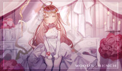 Rule 34 | 1girl, absurdres, ahoge, artist name, aurora (soul tide), bare shoulders, blurry, blurry background, blush, bouquet, bow, brown hair, candle, candlestand, chinese commentary, closed mouth, commentary, detached collar, dress, elbow gloves, eyelashes, eyes visible through hair, feet out of frame, flower, gem, gloves, green eyes, green hair, hair between eyes, hair flower, hair ornament, heart-shaped gem, highres, indoors, long dress, long hair, looking at viewer, multicolored hair, red flower, red gemstone, red rose, roots, rose, sidelocks, sitting, smile, solo, soul tide, strapless, strapless dress, streaked hair, thighhighs, v arms, very long hair, wavy hair, wedding, wedding dress, white bow, white dress, white flower, white gloves, white thighhighs, woodsbench