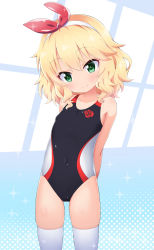 Rule 34 | 1girl, arms behind back, black one-piece swimsuit, blonde hair, commentary request, competition swimsuit, covered navel, cowboy shot, flat chest, green eyes, hairband, highres, idolmaster, idolmaster cinderella girls, looking at viewer, multicolored clothes, multicolored swimsuit, one-piece swimsuit, rei no pool, sakurai momoka, short hair, smile, solo, swimsuit, wavy hair, yuuma (skirthike)