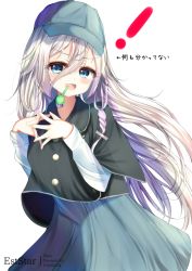 Rule 34 | !, 1girl, :d, arrow (symbol), aties20, baseball cap, black jacket, blue eyes, blue hat, blue skirt, blush, braid, cevio, commentary request, grey hair, hair between eyes, hat, ia (vocaloid), jacket, layered sleeves, long hair, long sleeves, looking at viewer, open mouth, short over long sleeves, short sleeves, simple background, skirt, smile, solo, steepled fingers, translation request, v-shaped eyebrows, very long hair, vocaloid, white background, wide sleeves