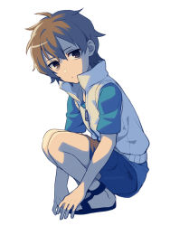 Rule 34 | 1boy, amamiya hibiya, asada hachi, blue shirt, brown eyes, brown hair, closed mouth, commentary request, expressionless, hair between eyes, kagerou project, looking at viewer, male focus, sandals, shirt, short hair, shorts, simple background, solo, squatting, twitter username, watermark, white background, zipper pull tab