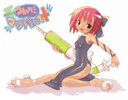 Rule 34 | 00s, 1girl, bare shoulders, blush, bow, breasts, china dress, chinese clothes, dress, fang, hair bow, kohaku (tsukihime), large syringe, nurse witch komugi-chan, oversized object, pink hair, sandals, side slit, small breasts, solo, syringe, tsukihime