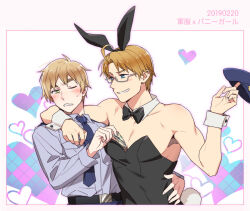 Rule 34 | america (hetalia), animal ears, axis powers hetalia, black bow, black bowtie, blonde hair, bow, bowtie, character name, crossdressing, dated, detached collar, fake animal ears, fake tail, grin, hand on another&#039;s waist, hat, heart, holding, holding clothes, holding hat, looking at another, male focus, male playboy bunny, money between pecs, muscular, muscular male, naughty face, one eye closed, pectoral cleavage, pectorals, rabbit ears, rabbit tail, smile, tail, thick eyebrows, to@st, united kingdom (hetalia), unworn hat, unworn headwear, wrist cuffs, yaoi
