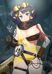 Rule 34 | 1girl, absurdres, arknights, asymmetrical gloves, bikini, black bikini, black gloves, black hair, black panties, black scarf, blue eyes, blue hair, blush, breasts, cleavage, closed mouth, commentary, cowboy shot, dress, elbow gloves, eunectes (arknights), flower, gloves, goggles, goggles on head, gradient hair, hair flower, hair ornament, hand on own hip, head tilt, highres, large breasts, looking at viewer, mannouyakunta, multicolored hair, panties, pointy ears, pouch, scarf, see-through, short dress, short hair, skindentation, smile, smoke, snake tail, solo, star (symbol), sweat, swimsuit, tail, thigh pouch, thigh strap, thighs, thumbs up, torn clothes, two-tone hair, underwear, uneven gloves, yellow dress