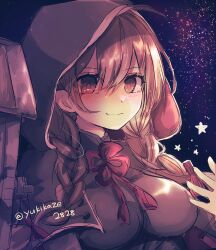 Rule 34 | 1girl, ahoge, black capelet, black dress, blush, braid, breasts, brown eyes, brown hair, capelet, closed mouth, dress, hair between eyes, highres, hood, hooded capelet, kantai collection, large breasts, long hair, long sleeves, one-hour drawing challenge, shinshuu maru (kancolle), smile, solo, twin braids, twitter username, upper body, yukikaze2828