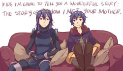 Rule 34 | blue hair, brother and sister, couch, fire emblem, fire emblem awakening, hairband, hood, how i met your mother, looking at viewer, lucina (fire emblem), morgan (fire emblem), morgan (male) (fire emblem), nintendo, parody, pillow, red upholstery, siblings, simple background, sitting