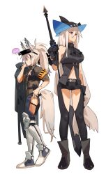 Rule 34 | &gt; &lt;, 2girls, animal ears, arknights, armband, ascot, bare shoulders, black ascot, black footwear, black headwear, black pants, black shirt, blue footwear, breasts, brown shirt, clothing cutout, full body, grani (arknights), grey hair, hat, height difference, highres, holding, holding clothes, holding jacket, holding sword, holding weapon, horse ears, horse girl, horse tail, jacket, unworn jacket, knifedragon, large breasts, long hair, low-tied long hair, multiple girls, pants, ponytail, red eyes, shin guards, shirt, shoes, simple background, skadi (arknights), sleeveless, sleeveless shirt, small breasts, spoken expression, standing, sword, tail, thigh cutout, very long hair, visor cap, visor lift, weapon, white background