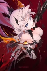Rule 34 | + +, 1girl, absurdres, bare shoulders, black gloves, blue eyes, blue hair, boots, breasts, cape, cleavage, closed mouth, earrings, forehead, from above, full body, gauntlets, gloves, heitian keji, highres, honkai (series), honkai impact 3rd, jewelry, kiana kaslana, kiana kaslana (herrscher of flamescion), long hair, looking at viewer, ponytail, red background, smile, solo, thigh boots, thighhighs, white footwear, white hair