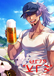 Rule 34 | 1boy, alcohol, baseball cap, beer, beer mug, black hat, blue sky, collarbone, creatures (company), cup, facial hair, faux text, foam, game freak, gen 8 pokemon, goatee, hat, highres, holding, holding cup, leon (pokemon), long hair, looking at viewer, male focus, messy hair, moge-hera, mug, nintendo, open mouth, outdoors, pectorals, pokemon, pokemon (creature), pokemon swsh, purple hair, shirt, short sleeves, sky, teeth, toned, toned male, twitter username, upper teeth only, white shirt, wooloo, yellow eyes