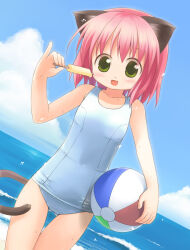 Rule 34 | 1girl, :d, animal ears, ball, beach, beachball, blue sky, blush, cat ears, cat girl, cat tail, cloud, commentary request, cowboy shot, day, dutch angle, emurin, flat chest, food, green eyes, happy, holding, holding ball, holding beachball, horizon, looking at viewer, ocean, one-piece swimsuit, open mouth, original, outdoors, pink hair, pinky out, popsicle, school swimsuit, short hair, sky, smile, solo, swimsuit, tail, thigh gap, water, white one-piece swimsuit