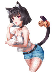 Rule 34 | 1girl, :3, :d, absurdres, alternate costume, animal ears, azur lane, bare arms, bare shoulders, bell, belt, black choker, black hair, blouse, blush, breast hold, breasts, cat ears, cat girl, cat tail, choker, cleavage, denim, denim shorts, fang, female focus, fishnet pantyhose, fishnets, highres, jingle bell, large breasts, looking at viewer, midriff, neck, nukenen, off shoulder, open mouth, pantyhose, red eyes, see-through, shirt, short hair, short shorts, shorts, simple background, sleeveless, sleeveless shirt, smile, solo, standing, tail, tank top, white background, white shirt, white tank top, yamashiro (azur lane)
