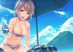 Rule 34 | 10s, 1girl, :d, bad id, bad twitter id, bikini, blue eyes, blue sky, blurry, bottle, breasts, brown hair, cleavage, cloud, cloudy sky, day, depth of field, fingernails, from below, halterneck, large breasts, leaning forward, looking at viewer, love live!, love live! sunshine!!, nail polish, navel, open mouth, outdoors, pocari sweat, short hair, siva (executor), sky, smile, solo, swept bangs, swimsuit, watanabe you, water bottle, white bikini