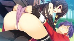 Rule 34 | 1boy, 1girl, ass, black hair, blue hair, blush, day, closed eyes, fingerless gloves, fujimori kaname, game cg, girl on top, gloves, grin, koikishi purely kiss, long hair, looking back, lying, official art, on back, one side up, open mouth, outdoors, panties, panty lift, panty pull, partially visible vulva, red eyes, shidou mana, smile, thighhighs, uncensored, underwear, wedgie, yuuki hagure