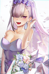 Rule 34 | 1girl, absurdres, bare arms, bare shoulders, bouquet, breasts, bridal veil, chromatic aberration, cleavage, collarbone, commentary request, dress, eyes visible through hair, falling petals, fangs, flower, hair behind ear, hair flower, hair ornament, hair over one eye, highres, holding, holding bouquet, karasuro, large breasts, looking at viewer, nijisanji, open mouth, petals, pink eyes, pink flower, purple dress, purple flower, purple hair, simple background, solo, strapless, strapless dress, sukoya kana, veil, virtual youtuber, wedding dress, white background
