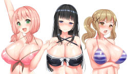 Rule 34 | 3girls, areola slip, arm under breasts, arm up, bang dream!, bare shoulders, bikini, black hair, blush, breasts, brown eyes, brown hair, cleavage, closed mouth, collarbone, green eyes, hair ornament, hand on own chest, highres, huge breasts, ichigaya arisa, large breasts, long hair, looking at viewer, looking away, low twintails, medium hair, multiple girls, navel, numaccha, open mouth, pink hair, puffy nipples, purple eyes, shirokane rinko, simple background, smile, solo, standing, striped bikini, striped clothes, swimsuit, teeth, trait connection, twintails, uehara himari, upper body, upper teeth only, wet, x hair ornament