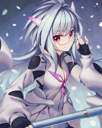 Rule 34 | 1girl, black gloves, blue hair, closed mouth, commentary request, fate/grand order, fate (series), fingerless gloves, glasses, gloves, hand up, holding, holding staff, horns, long hair, long sleeves, looking at viewer, merlin (fate/prototype), merlin (fate/prototype) (second ascension), red eyes, rotix, semi-rimless eyewear, smile, solo, staff, under-rim eyewear, wide sleeves, yellow-framed eyewear