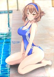 Rule 34 | 1girl, absurdres, barefoot, blue hairband, blue one-piece swimsuit, brown hair, commentary request, competition swimsuit, full body, green eyes, hairband, highres, kantai collection, mutsu (kancolle), nitamako (sakamalh), one-piece swimsuit, pool, pool ladder, poolside, short hair, sitting, solo, swimsuit, wariza, water