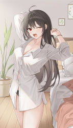 Rule 34 | 1girl, ahoge, arms up, bed, bed sheet, black panties, blush, breasts, button gap, cleavage, collared shirt, commentary, cowboy shot, crossed bangs, day, dress shirt, fang, hair between eyes, highres, indoors, large breasts, long hair, long sleeves, looking at viewer, no pants, one eye closed, open mouth, original, painting (object), panties, pillow, plant, pora 0918, potted plant, shirt, sleeves rolled up, solo, standing, sunlight, symbol-only commentary, thighs, tongue, underwear, waking up, white shirt, wooden floor, wristband, yawning