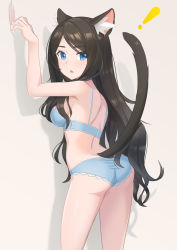 Rule 34 | !, 1girl, aina (mao lian), animal ear fluff, animal ears, arm up, armpits, ass, black hair, blue bra, blue eyes, blue panties, bra, breasts, cat ears, cat tail, claw mark, eyebrows, highres, long hair, mao lian (nekokao), open mouth, original, panties, scratching, simple background, solo, tail, thighs, underwear, underwear only, white background