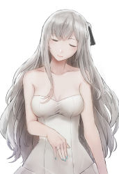 Rule 34 | 1girl, ak-12 (girls&#039; frontline), aqua nails, bare shoulders, braid, breasts, cleavage, closed eyes, closed mouth, collarbone, dress, expressionless, french braid, girls&#039; frontline, hair ribbon, jewelry, lips, long hair, medium breasts, nail polish, ribbon, ring, silver hair, solo, upper body, wedding dress, wedding ring, wenhe, white background, white dress