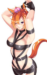 Rule 34 | 1girl, alternate breast size, alternate costume, animal ears, armpits, arms up, black gloves, blush, commentary request, covered erect nipples, cowboy shot, crown, ear ornament, fingerless gloves, gloves, hair between eyes, highres, horse ears, horse girl, hot limit, looking at viewer, one eye closed, orange hair, purple eyes, sawara noa, short hair, simple background, solo, t.m. opera o (umamusume), tape, tilted headwear, umamusume, white background