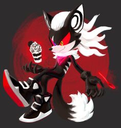 Rule 34 | 1boy, black footwear, black gloves, blue eyes, colored sclera, food, full body, furry, furry male, gloves, heterochromia, highres, ice cream, infinite (sonic), knockabiller, male focus, oreo, red sclera, smile, solo, sonic (series), sonic forces, sundae, tail, yellow eyes