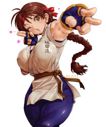 Rule 34 | 1girl, amania orz, braid, breasts, cowboy shot, curvy, dougi, gloves, headband, highres, karate gi, large breasts, long hair, looking at viewer, one eye closed, ryuuko no ken, simple background, sleeveless, snk, solo, spandex, the king of fighters, white background, wide hips, wink, yuri sakazaki