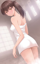 Rule 34 | 1girl, absurdres, ass, azuki-iro, breasts, brown eyes, brown hair, covered erect nipples, dutch angle, from behind, highres, kaga (kancolle), kantai collection, looking back, medium breasts, naked towel, side ponytail, solo, steam, towel, window