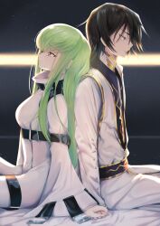 Rule 34 | 1boy, 1girl, 2023, absurdres, back-to-back, backlighting, belt, black background, black belt, black hair, breasts, budgiepon, c.c., closed mouth, code geass, commentary request, couple, cowboy shot, crying, crying with eyes open, dated commentary, dress, eyelashes, from side, frown, furrowed brow, green hair, hair between eyes, hetero, highres, holding hands, lelouch vi britannia, lips, long hair, long sleeves, looking afar, looking up, medium breasts, pants, profile, purple eyes, sad smile, short hair, sidelocks, simple background, sitting, straight hair, streaming tears, tears, v-shaped eyebrows, very long hair, white dress, white pants, wide sleeves, yellow eyes