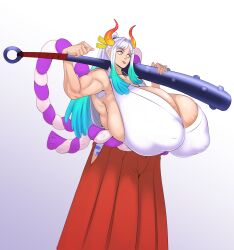 Rule 34 | 1girl, absurdres, armpit hair, armpits, breasts, clothes, female focus, gigantic breasts, grabbing, gradient background, highres, holding, holding weapon, long hair, looking at viewer, multicolored hair, muscular, muscular arms, muscular female, one piece, over shoulder, ponytail, solo, solo focus, sunnysundown, tongue, tongue out, weapon, weapon over shoulder, yamato (one piece)