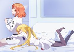 Rule 34 | 2girls, absurdres, ahoge, artoria caster (fate), artoria caster (second ascension) (fate), artoria pendragon (fate), black pantyhose, blonde hair, blue bow, blush, bow, bowtie, closed eyes, commentary request, dress, fate/grand order, fate (series), fujimaru ritsuka (female), fujimaru ritsuka (female) (decisive battle chaldea uniform), hair between eyes, highres, hug, hug from behind, indoors, jacket, littlea54481456, long hair, lying, multiple girls, on bed, open mouth, orange eyes, orange hair, pantyhose, pillow, short hair, sitting, skirt, smile, twitter username, uniform, very long hair, white dress, white jacket, white skirt, yuri