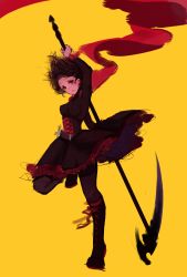 Rule 34 | ahivemind, black hair, boots, corset, crescent rose, cross-laced footwear, gothic lolita, highres, knee boots, lace-up boots, lolita fashion, painterly, pantyhose, red eyes, red scarf, ruby rose, rwby, scarf, solo, standing, standing on one leg, yellow background