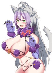 Rule 34 | 1girl, ahoge, animal ears, atalanta (fate), atalanta alter (fate), bare shoulders, blush, breasts, cat ears, cat tail, cleavage, elbow gloves, fate/grand order, fate (series), from side, gloves, green eyes, grey hair, highres, large breasts, long hair, looking at viewer, mash kyrielight, mash kyrielight (dangerous beast), navel, official alternate costume, open mouth, purple gloves, purple hair, sideboob, simple background, solo, tail, underboob, white background, yuzu kiro
