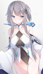Rule 34 | 1girl, artist name, bare shoulders, blue eyes, blush, breasts, closed mouth, commentary, covered navel, detached sleeves, genshin impact, grey hair, groin, guizhong (genshin impact), hair ornament, highres, leotard, long sleeves, medium breasts, short hair, short hair with long locks, sidelocks, simple background, solo, symbol-only commentary, tassel, tassel hair ornament, thigh gap, thighs, wide sleeves, xlyami
