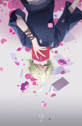 Rule 34 | 1boy, ?, absurdres, amami rantaro, antenna hair, blood, blood splatter, blood stain, blue shirt, blue sleeves, book, brown bracelet, chain, commentary request, covered mouth, cowboy shot, danganronpa (series), danganronpa v3: killing harmony, eyelashes, flower, gradient background, green eyes, green hair, grey background, highres, holding, holding book, jewelry, long sleeves, looking at viewer, male focus, multiple bracelets, nagichiro, one eye closed, open book, paper, pendant, petals, pink blood, pink flower, shirt, short hair, simple background, solo, straight-on, striped clothes, striped shirt, upside-down, vertical-striped sleeves, white undershirt