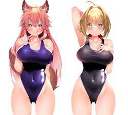Rule 34 | 2girls, ahoge, animal ear fluff, animal ears, bare shoulders, blonde hair, blush, breasts, cleavage, collarbone, competition swimsuit, covered navel, fate/extra, fate (series), fox ears, fox girl, fox tail, gluteal fold, green eyes, groin, hair between eyes, hair intakes, hair ribbon, highleg, highleg swimsuit, highres, large breasts, long hair, looking at viewer, multiple girls, nero claudius (fate), nero claudius (fate) (all), nero claudius (fate/extra), one-piece swimsuit, pink hair, red ribbon, ribbon, sabi (rupf2384), sidelocks, simple background, smile, swimsuit, tail, tamamo (fate), tamamo no mae (fate/extra), thighs, white background, yellow eyes