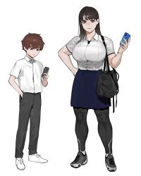 Rule 34 | 1boy, 1girl, absurdres, bag, bandaid, black hair, breasts, brown eyes, brown hair, cellphone, height difference, highres, holding, holding phone, large breasts, long hair, looking at phone, looking at viewer, looking down, muscular, muscular female, muscular legs, pants, phone, shirt, shoes, size difference, skirt, smartphone, sohn woohyoung, tall, tall female, yoga pants