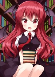 Rule 34 | 1girl, bat wings, black skirt, black vest, book, book stack, bookshelf, commentary request, fang, hair between eyes, head wings, highres, holding, holding book, indoors, koakuma, library, long hair, looking at viewer, necktie, open mouth, puffy short sleeves, puffy sleeves, red hair, red necktie, ruu (tksymkw), shirt, short sleeves, skirt, solo, touhou, vest, white shirt, wings