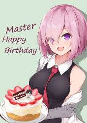Rule 34 | 1girl, black shirt, breasts, cake, collared shirt, fate/grand order, fate (series), food, fruit, hair over eyes, kinyoubi no nangong da, large breasts, long sleeves, mash kyrielight, necktie, open mouth, pink hair, purple eyes, shirt, short hair, solo, strawberry, tank top