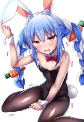 Rule 34 | 1girl, animal ear fluff, animal ears, bare shoulders, black pantyhose, blue hair, blush, bow, bowtie, braid, breasts, carrot, commentary request, detached collar, highres, hololive, leotard, looking at viewer, multicolored hair, open mouth, pantyhose, playboy bunny, purple eyes, rabbit ears, rabbit girl, rabbit tail, shiki (catbox230123), sitting, solo, sweatdrop, symbol-shaped pupils, tail, twin braids, two-tone hair, usada pekora, virtual youtuber, wariza, wrist cuffs