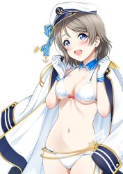 Rule 34 | 10s, :d, bikini, blue eyes, blush, breasts, brown hair, cleavage, cowboy shot, detached collar, epaulettes, gloves, hat, highres, jacket, jacket on shoulders, love live!, love live! school idol festival, love live! sunshine!!, medium breasts, navel, open mouth, sankuro (agoitei), short hair, simple background, smile, solo, swimsuit, watanabe you, white background, white bikini, white gloves