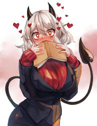 Rule 34 | 1girl, black horns, black skirt, black suit, blush, book, breasts, commentary request, demon girl, demon horns, demon tail, grey hair, heart, heart-shaped pupils, helltaker, highres, holding, holding book, horns, large breasts, long sleeves, looking at viewer, modeus (helltaker), pencil skirt, red eyes, red sweater, ribbed sweater, ryuuji teitoku, short hair, skirt, solo, suit, sweater, symbol-shaped pupils, tail, turtleneck