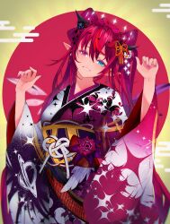 Rule 34 | 1girl, absurdres, blue eyes, double halo, flower, getto, hair flower, hair ornament, halo, heterochromia, highres, hololive, hololive english, horns, irys (new year) (hololive), irys (hololive), japanese clothes, kimono, long hair, looking at viewer, nail polish, obi, pink eyes, pointy ears, purple hair, purple kimono, purple nails, red eyes, sash, smile, star halo, twintails, two-tone kimono, virtual youtuber, white kimono