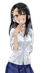 Rule 34 | 1girl, 774 (nanashi), arm behind back, arms behind back, asymmetrical bangs, bare legs, black hair, blouse, blush, breasts, brown eyes, dark-skinned female, dark skin, earclip, earrings, fang, grin, hair ornament, hairclip, highres, ijiranaide nagatoro-san, jewelry, long hair, looking at viewer, nagatoro hayase, naughty face, official art, open mouth, school uniform, shirt, simple background, skirt, small breasts, smile, solo, standing, upper body, white background, white shirt