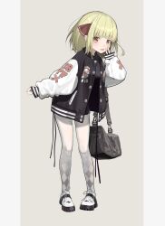 Rule 34 | 1girl, :d, absurdres, alternate costume, bag, blonde hair, blunt bangs, duffel bag, full body, grey background, highres, jacket, leaning forward, light blush, looking at viewer, open mouth, orange eyes, pantyhose, petite, pigeon-toed, rumia, shoulder bag, simple background, sleeves past wrists, smile, solo, standing, touhou, xinjinjumin