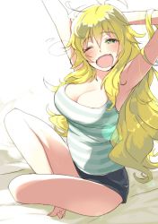 Rule 34 | 1girl, ;d, armpits, bare legs, barefoot, blonde hair, blush, breasts, cleavage, drooling, female focus, green eyes, hoshii miki, idolmaster, idolmaster (classic), indian style, kawaty, large breasts, long hair, looking at viewer, one eye closed, open mouth, short shorts, shorts, sitting, smile, solo, tank top, wavy mouth, yawning